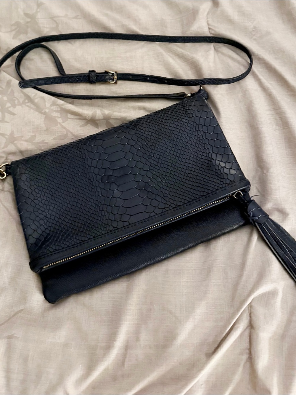 GiGi New York Navy Faux-Snake Embossed Crossbody with Tassel